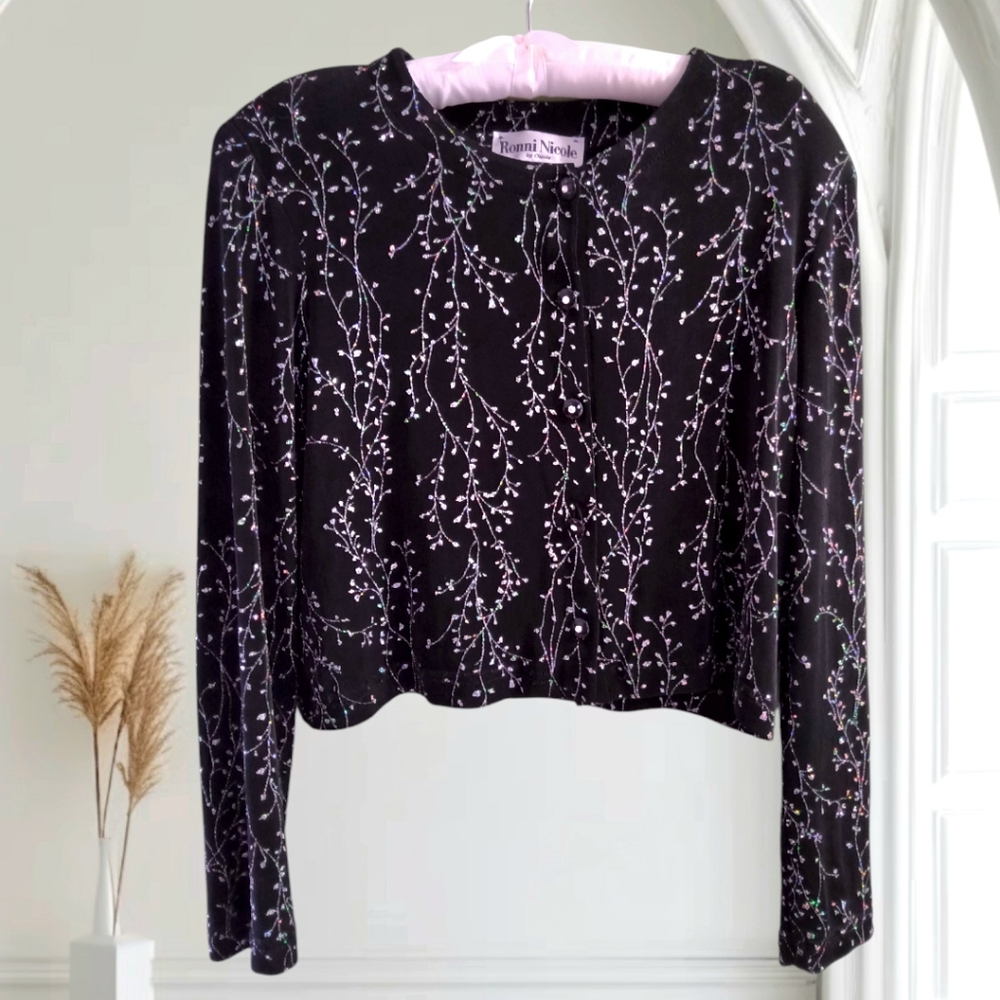 Vintage Ronni Nicole by Ouida - Black Sparkle Button Down Blouse EUC